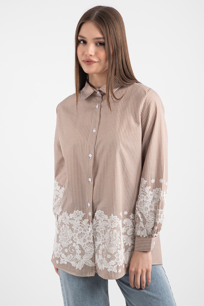 Hatun Atila Striped Lace Detailed Long Shirt 8762 - Mink