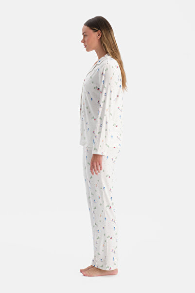 Dagi Ecru Printed Thermal Shirt Pants Pajama Set