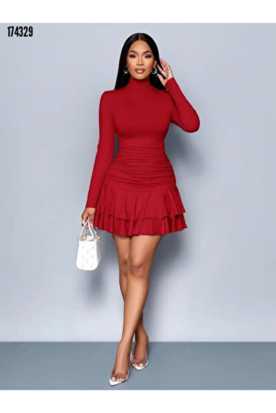 moda wanilia Women's Stylish Sandy Dress – New Season with Mini Cut, Turtleneck and Ruffle Detail