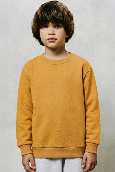 Perendi Unisex Kids 2-Piece Basic Crew Neck Sweatshirt Set – Mustard & Orange