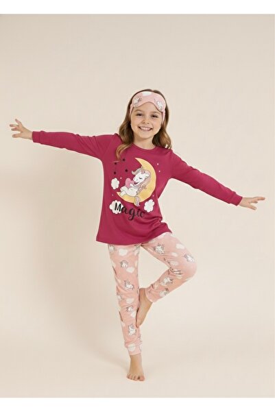 Beka Kids Crew Neck Trousers Patterned Transitional Girls Pajama Set and Eye Patch