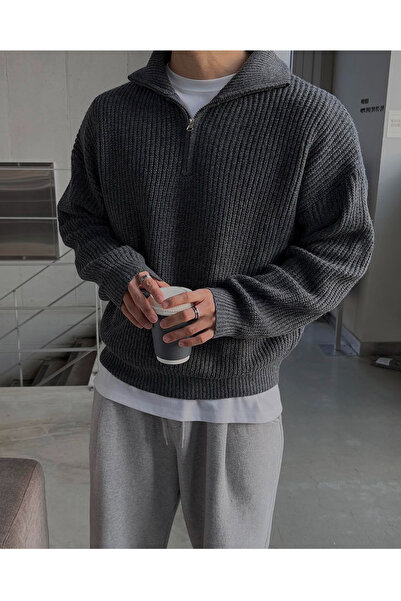 BLUE STREET Füme Erkek Oversize Fermuarlı Balıkçı Triko Kazak