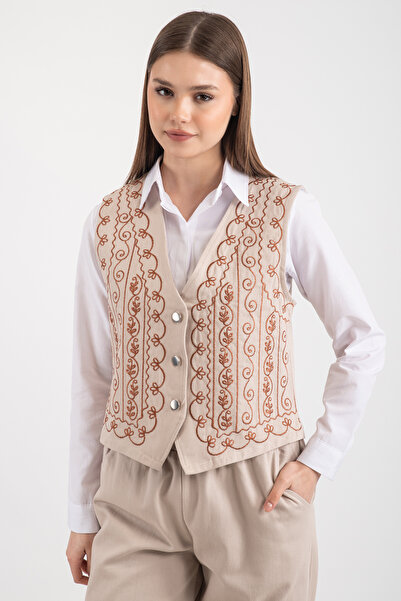 Hatun Atila Καφέ Κεντητό Γιλέκο με Κουμπιά 2555 - Βιζόν