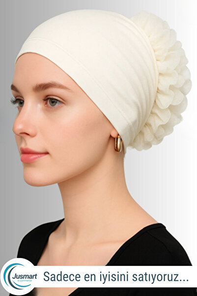 Jusmart Ekru ◇ Pamuklu Fırfırlı Bone ◇ Kaymayan Dikişsiz Topuz Bonesi ◇ Günlü...