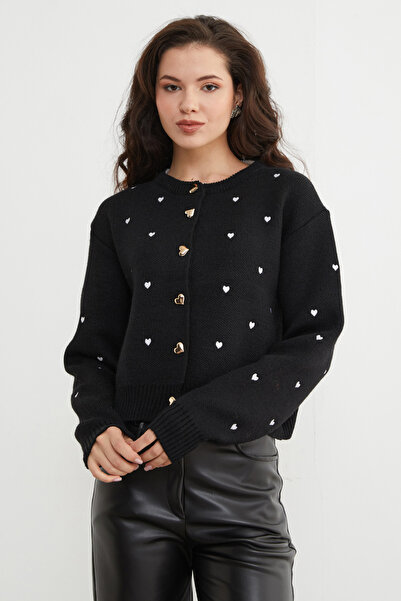 Fulla Moda Heart Embroidered Buttoned Knit Cardigan