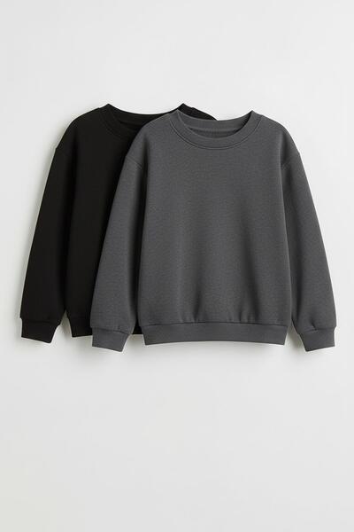 Perendi Unisex Kids 2-Piece Basic Crew Neck Sweatshirt Set – Black & Anthracite