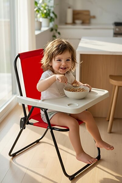 Exent 2–6 Yaş, Katlanır Portatif Mama Sandalyesi, Tak-Çıkar Masa ile-KIRMIZI
