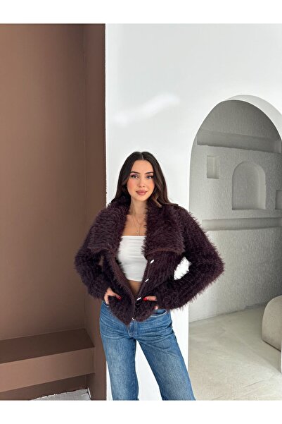 D'RECCY Women's Fur Collar Buttoned Cardigan Jacket