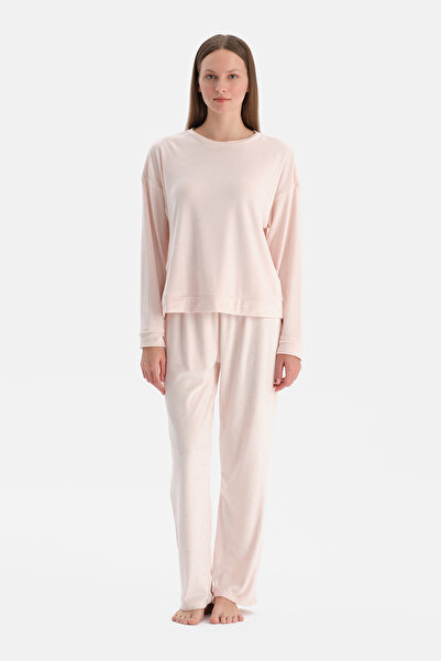 Dagi Ecru Shiny Star Printed Velvet T-Shirt Pants Pajama Set