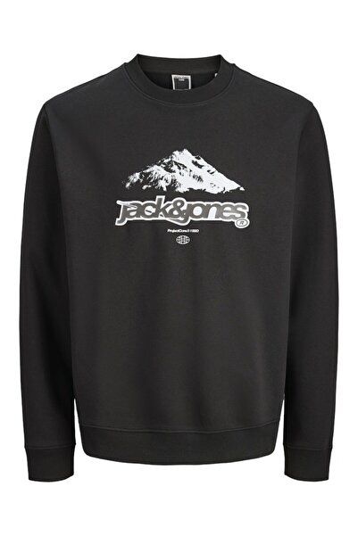 Jack & Jones Men's Black Jcoflare Front Print Sweat Crew Neck Sweatshirt 12285680-Black