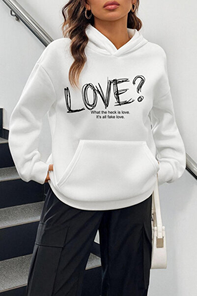 Rivox سويت شيرت أبيض للجنسين بغطاء رأس قصة فضفاضة Love مطبوع