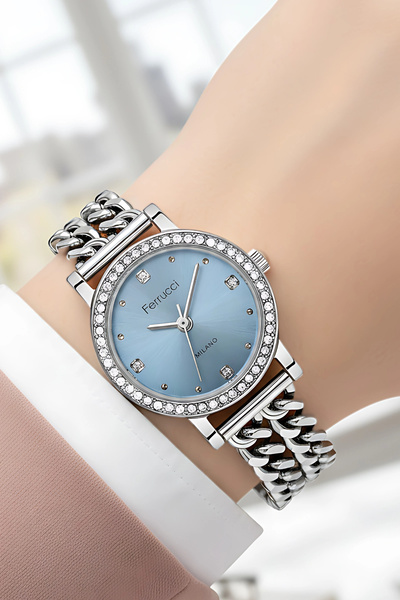 Ferrucci Chain Model Cord Steel Case Women Wrist Watch, Bracelet Gift Silver-Blue Color Zmfer206