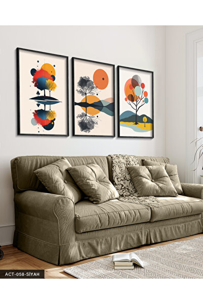 Evinemoda Priroda Drveće Apstraktna 3-dijelna crna slika u drvenom okviru