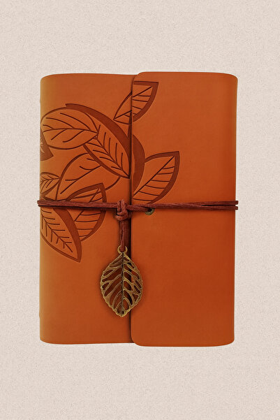 Barışhanesi Özel TASARIM Vintage Taba Rengi Ajanda Yaprak Kabartmalı Halka Me...