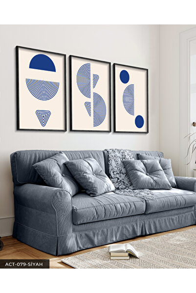 Evinemoda Plavi apstraktni uzorak, 3-dijelna slika u crnom drvenom okviru