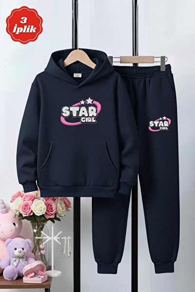 panios kids 3 İplik Ş Fleece-Lined Winter Kangaroo Pocket Star Girl Print Det...