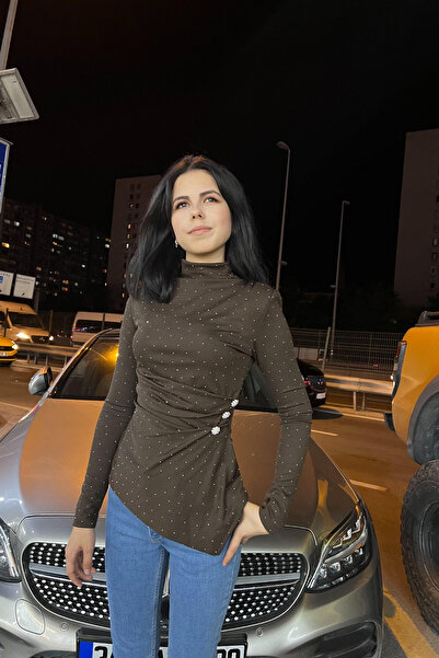 thesunfyre Women's Stoned Shoulder Pad Pack Asymmetrical Women's Blouse with Waist Detail