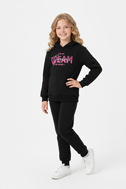 panios kids Σετ κοριτσίστικη φόρμα με κουκούλα με 3 νήματα, χειμερινή τσέπη καγκουρό, λεπτομέρεια εκτύπωσης Dream