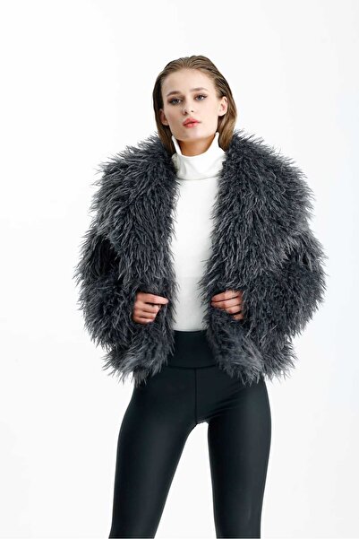 GACA COLLECTION THECLA Peluş Kürk Gri Kısa Kaban
