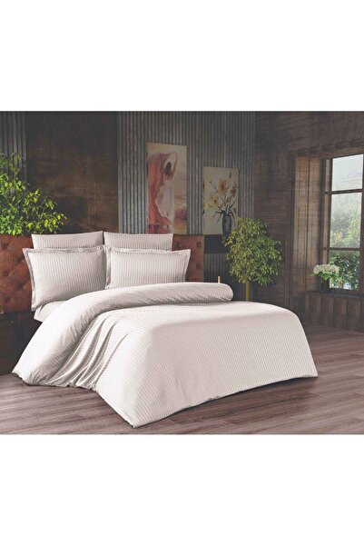 ihvan online Double Striped Satin Duvet Cover Set - 200X220 - 6 Piece Cotton Bedding Set - Cream
