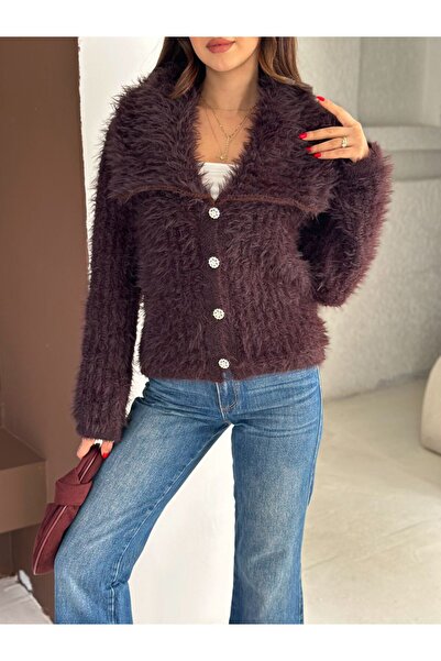 D'RECCY Women's Fur Collar Buttoned Cardigan Jacket