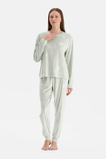 Dagi Water Green Gofre Yıldız Printed T-Shirt Pants Pajama Set