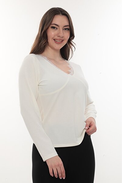 etselements V-Neck Lace Detailed Knitted Blouse