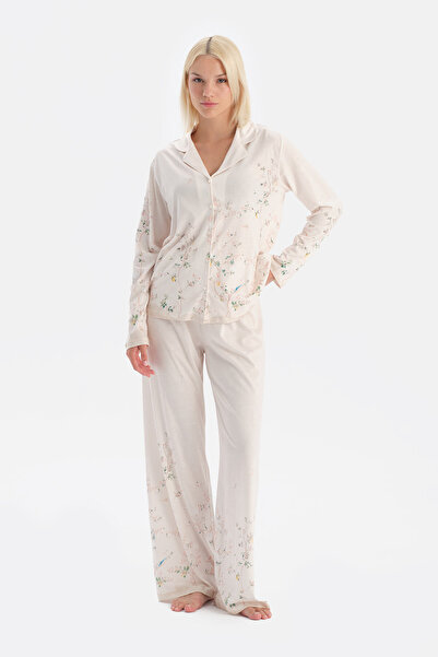 Dagi Ecru Floral Patterned Shirt and Pants Set