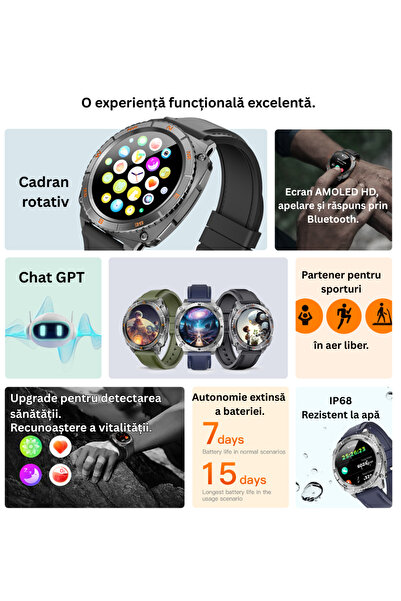 VeReTech Smartwatch cu ChatGPT, Rotativ, AMOLED 1.43”, IP68, 200 Sport, Ritm Cardiac, Verde/Gri