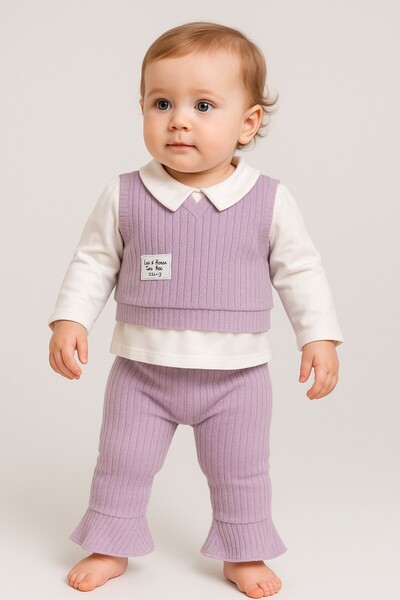 Chicsy Baby Baby Girl Ribbed Detailed Shirt Collar 3-Piece Winter Set