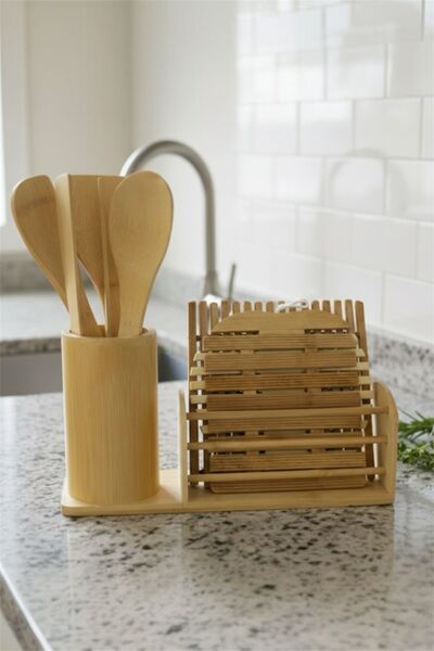 Bayev Bambu 9 Piece Ladle and Spoon Set with Stand 700626 - Wooden Spoon and Ladle Set