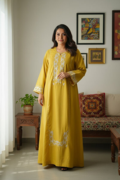 Ease of Wear Mustard Embroidered Satin Silk Kaftan