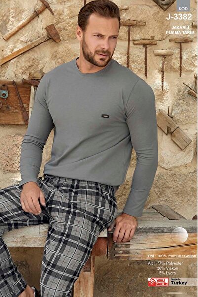Aydoğan Men's Jacquard Long Sleeve Pajama Set 3382 Gray