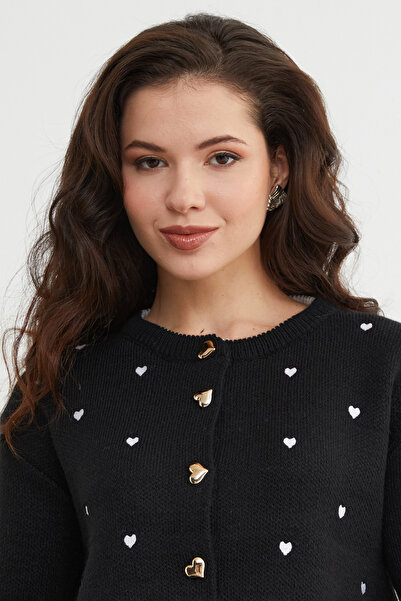 Fulla Moda Heart Embroidered Buttoned Knit Cardigan