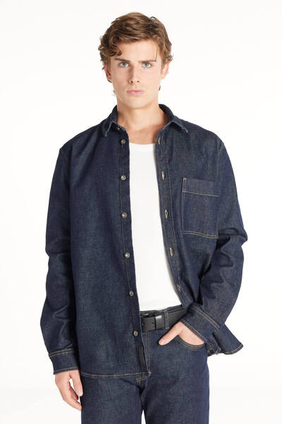 Ted Baker KOYU LACİVERT OVERSİZE KALIN JEAN GÖMLEK