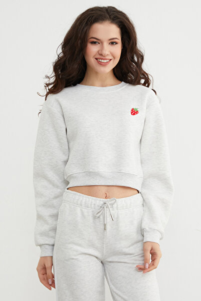 Fulla Moda 3 Thread Strawberry Embroidered Crop Sweatshirt