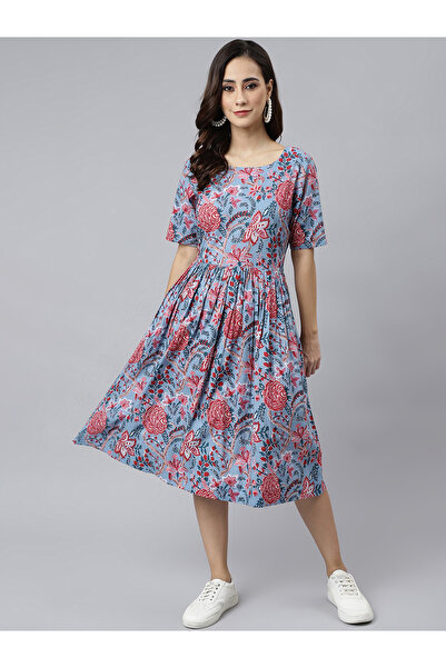 IndHeritage Premium pure cotton light blue colour dress with floral prints - ...