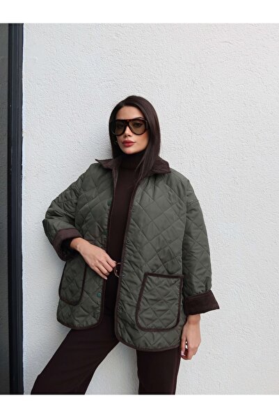 ESRAHELVACI Velvet Collar Snap Fastener Quilted Coat