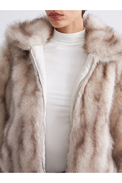 LC Waikiki Vision Beige Mock Neck Women Faux Fur Coat