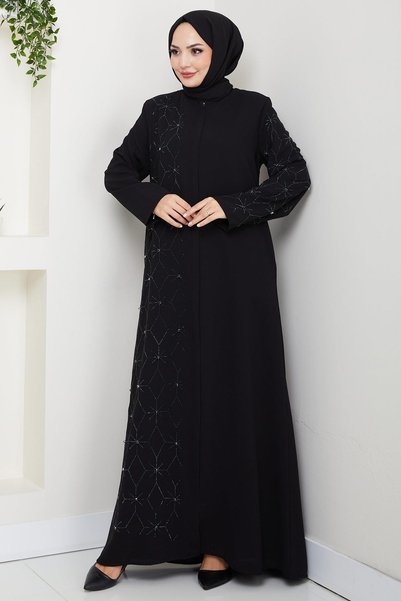 hafsamina Hidden Placket Half Embellished Abaya Black HM2860