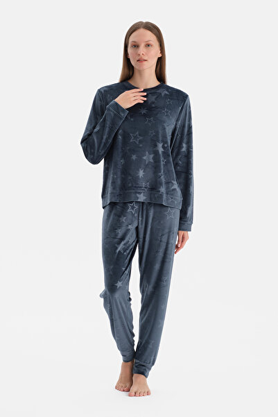 Dagi Navy Blue Seersucker Star Printed T-Shirt Pants Pajamas Set