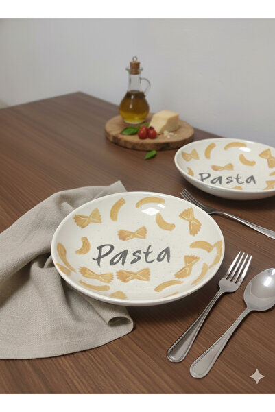 ŞURA MUTFAK 2 Pieces 22 cm Ceramic Deep Pasta Plate Cream Patterned