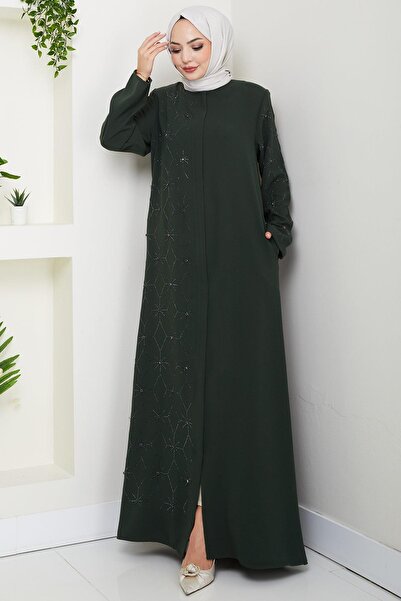 hafsamina Half Stone Ferace with Hidden Patlı Khaki Hm2860