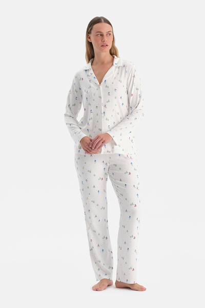 Dagi Ecru Printed Thermal Shirt Pants Pajama Set