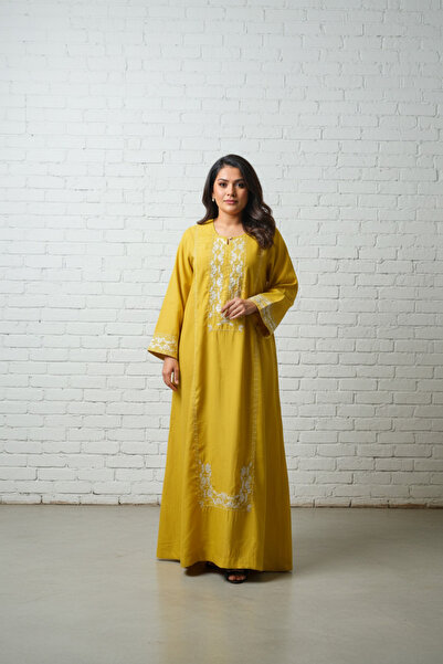 Ease of Wear Mustard Embroidered Satin Silk Kaftan
