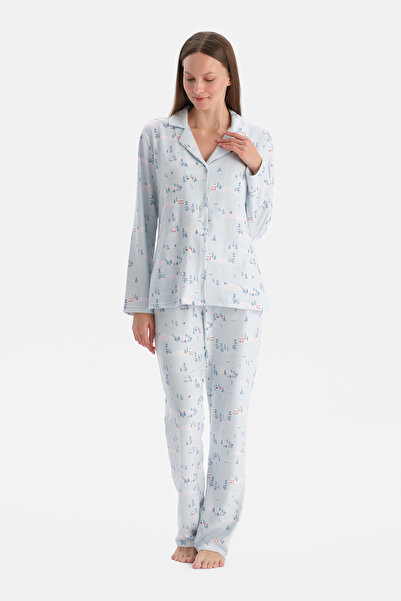 Dagi Set de pijama cu pantaloni și cămașă termică albastru deschis cu imprimeu