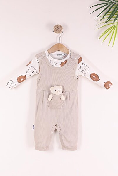 kidello Beige Cute Teddy Bear Toy Newborn Cotton 2-Piece Baby Rompers 3-6-9 Months