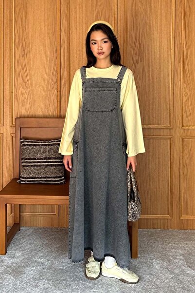 Ceylan Otantik Salopet din denim antracit cu fustă