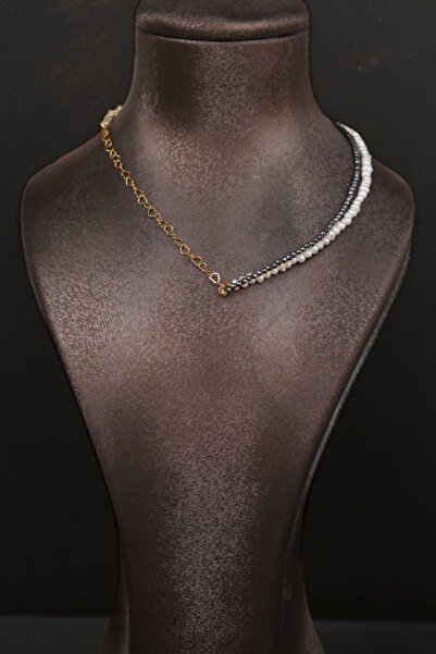 Luna Real Pearl, Hematite and Heart Steel Chain Detailed Necklace