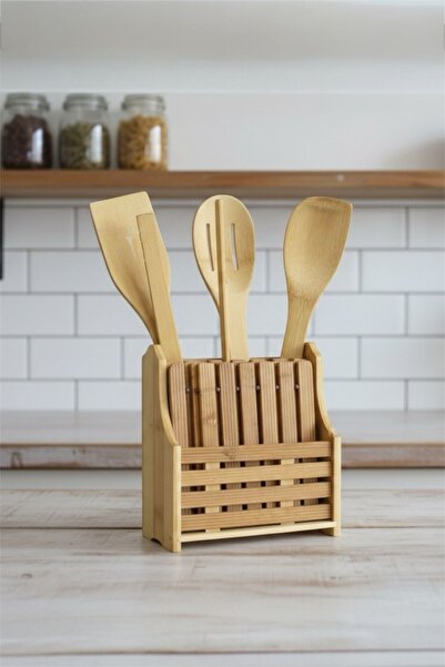 Bayev Bambu 9 Piece Ladle and Spoon Set with Stand 700627 - Wooden Spoon and Ladle Set